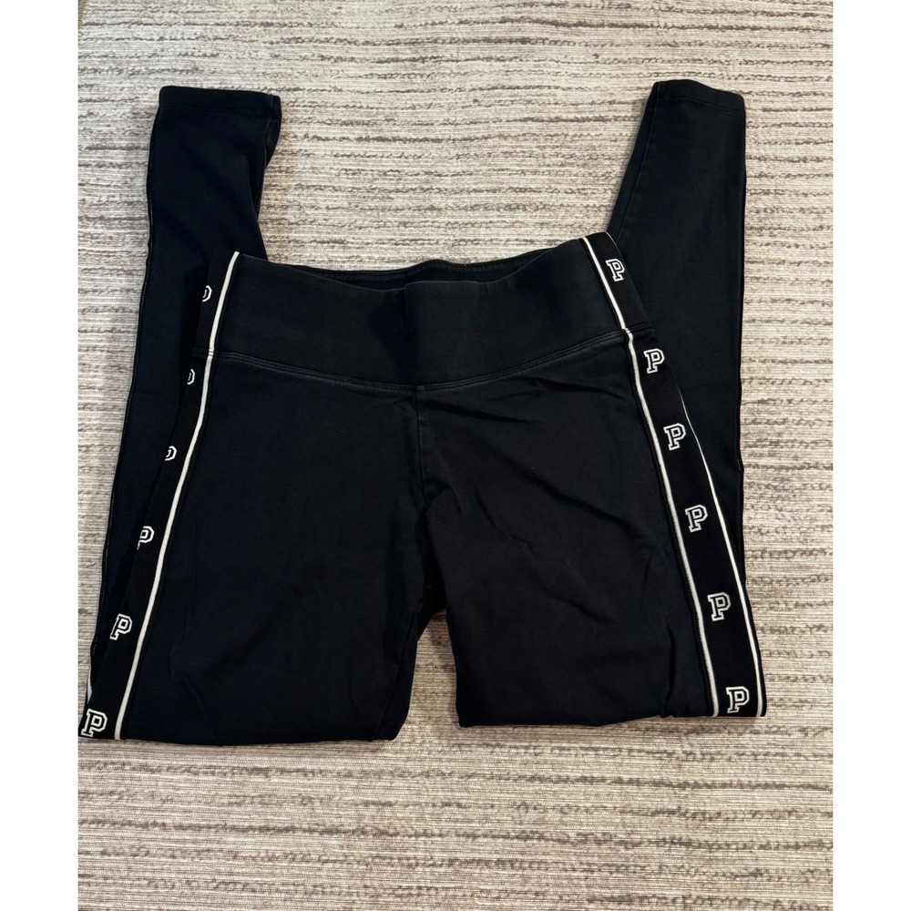 PINK Victoria's Secret Yoga Leggings Black Side Logo‎ Tape Piping Small S